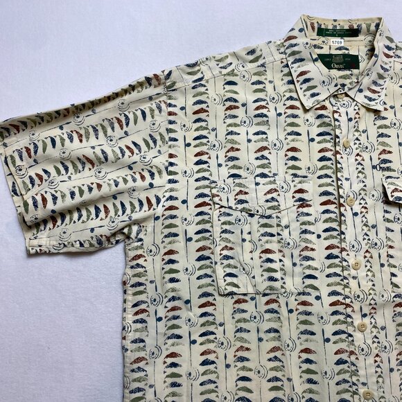 Vintage Orvis Shirt Men's L Beige Short Sleeve Whale All Over Print Button Up - Picture 7 of 12